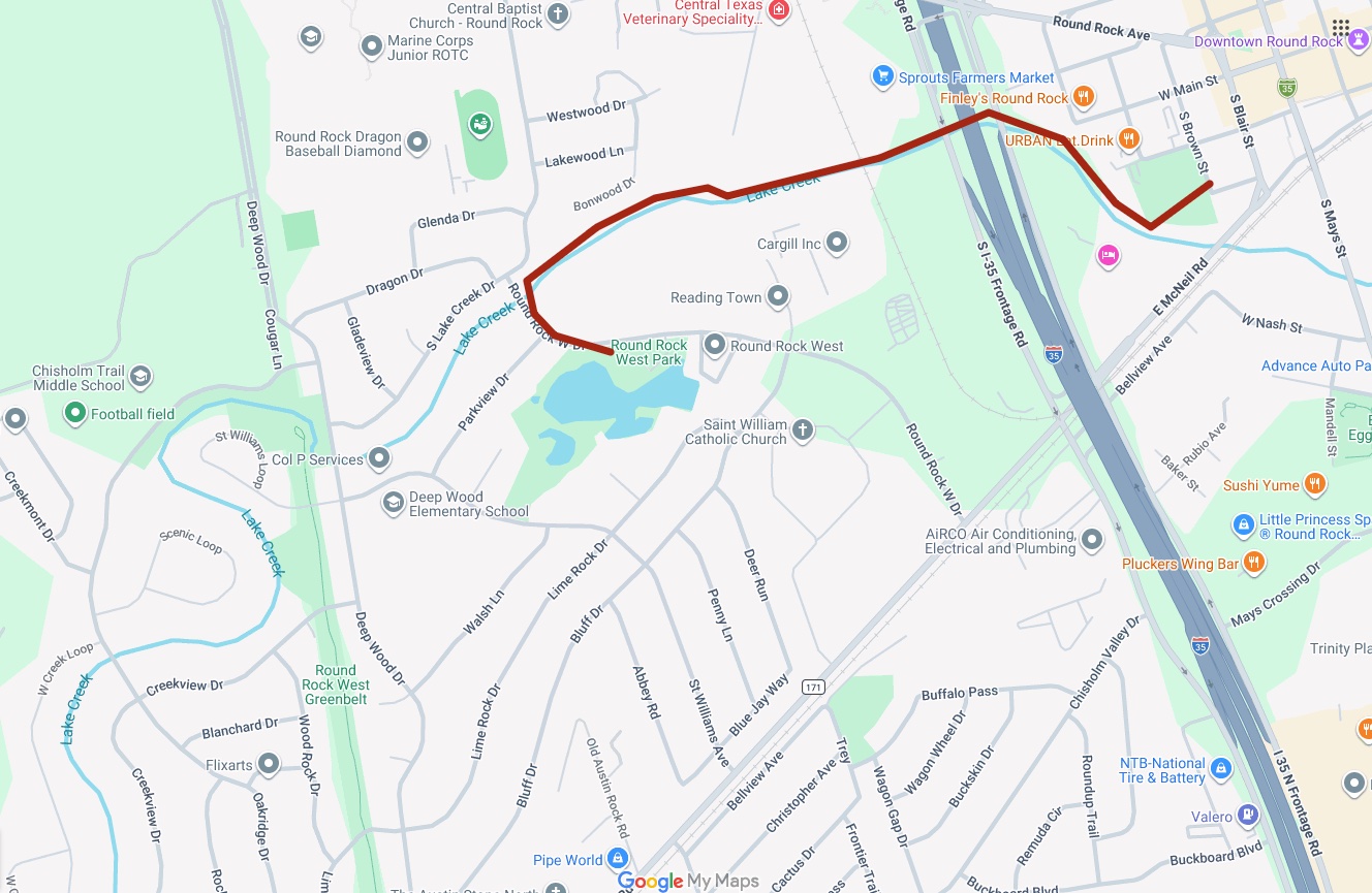 Map showing Lake Creek Trail route from Round Rock West neighborhood to downtown Round Rock